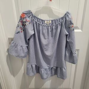 Listicle Women Med Blue Flower Embroidered 3/4 Bell Sleeve Blouse Shirt Top